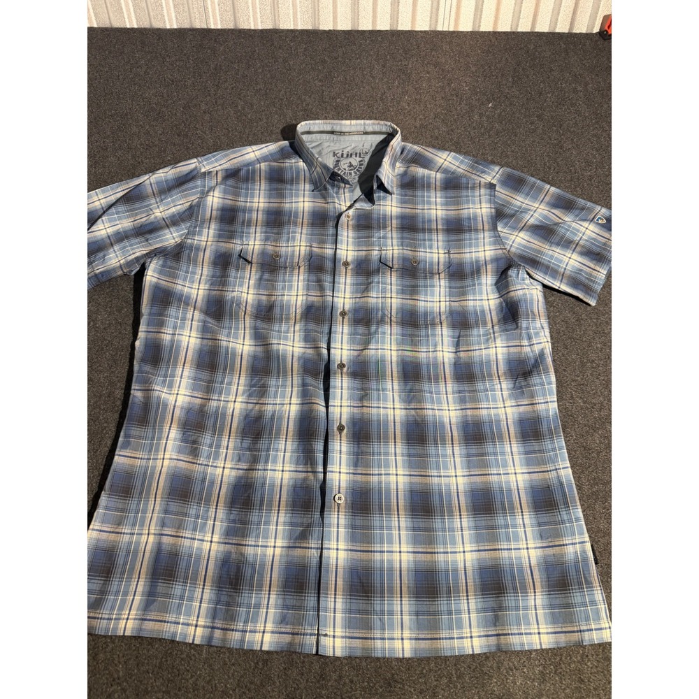 Kuhl Eluxur Mens XL Blue Plaid Short Sleeve Button Down Hiking Shirt